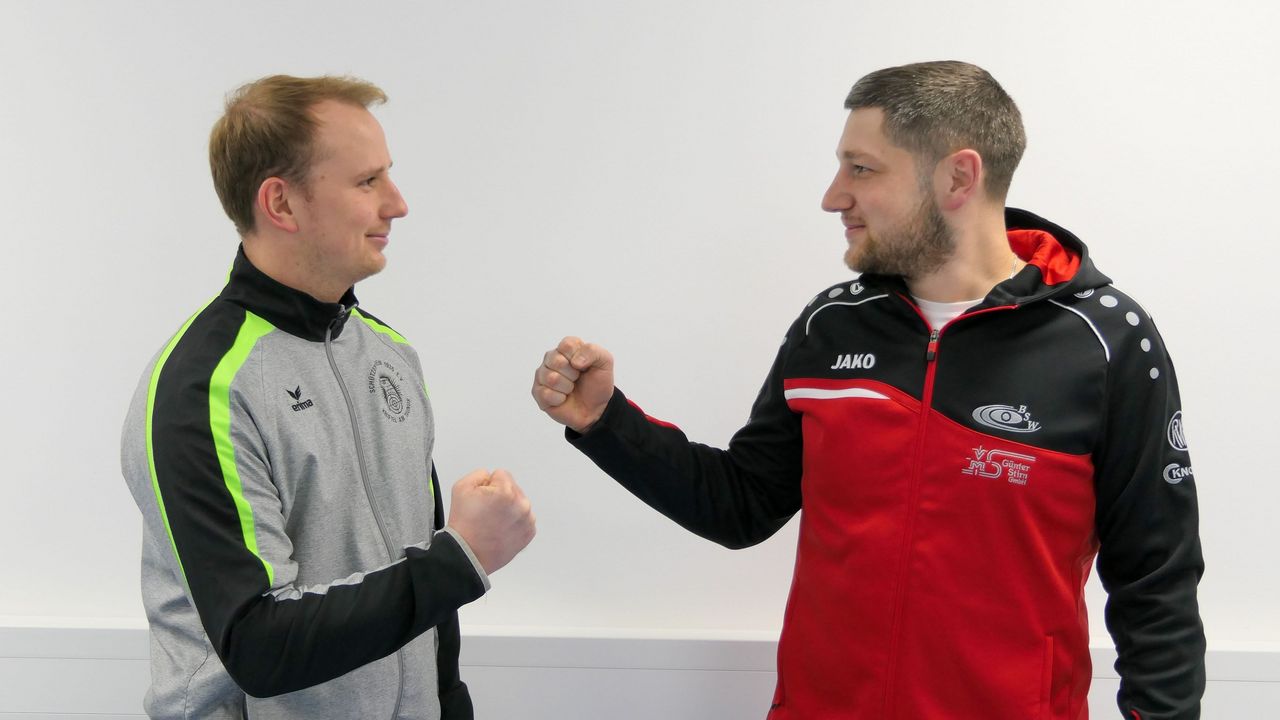 Foto: DSB / Aaron Sauter (links) und Christian Freckmann sind beim Bundesligafinale mit ihren Teams Kriftel und Waldenburg Gegner.