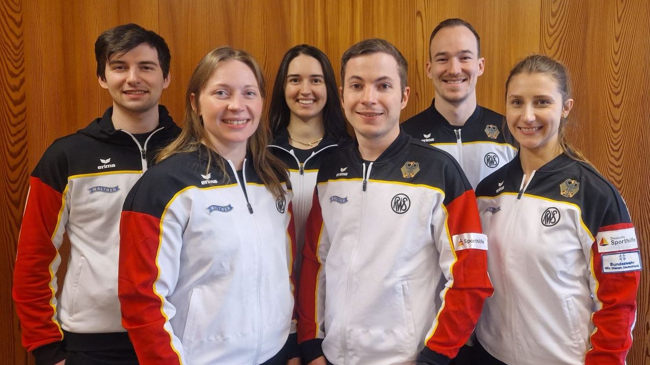 Foto: DSB / Diese sechs Luftpistolenschützen wurden von der Bundestrainerin für die EM zur Nominierung vorgeschlagen, v.l.: Robin Walter, Susanne Neisinger, Maxi Vogt, Michael Schwald, Paul Fröhlich und Michelle Skeries.