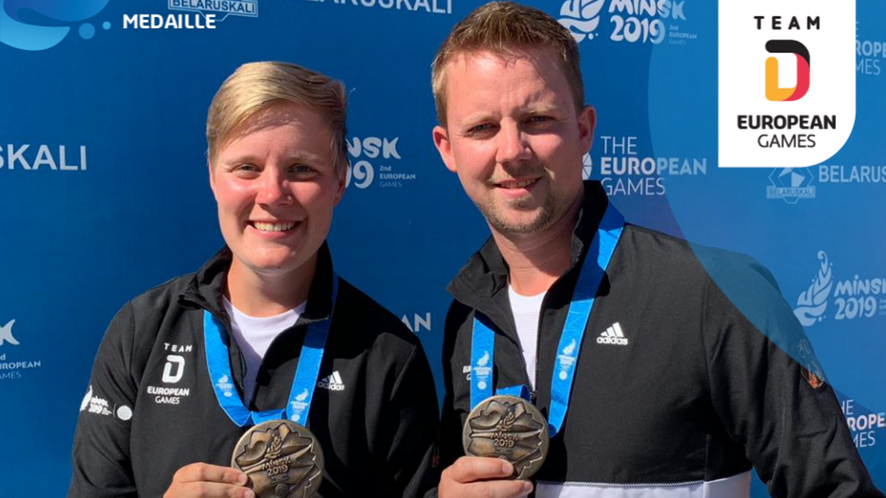 Foto: Team Deutschland / Michelle Kroppen und Cedric Rieger freuen sich über Bronze im Mixed-Wettbewerb Recurve.