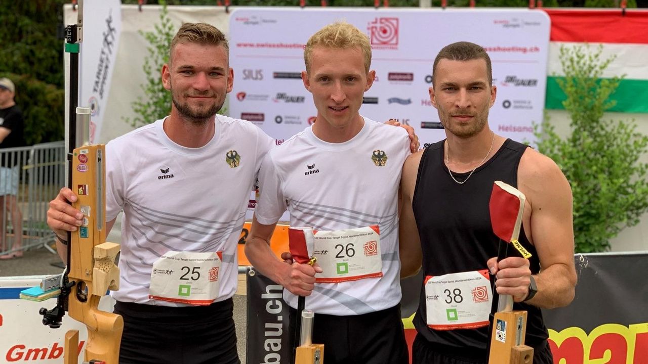 Foto: Swissshooting / Das Podest bei den Männern v.l.: Paul Pfauch, Christoph Larasser, Mark Rescsik/HUN.