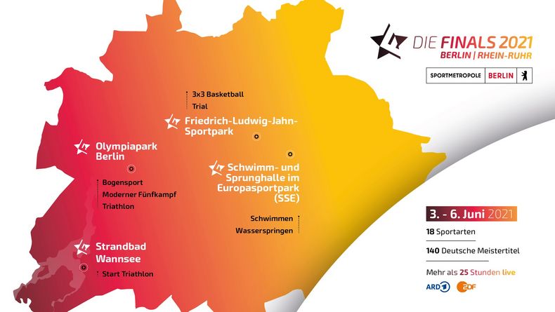 Grafik: Die Finals / Übersicht der Sportarten und -stätten von Die Finals in Berlin. Grafik: Die Finals / Übersicht der Sportarten und -stätten von Die Finals in Berlin.