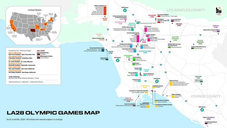Grafik: LA2028 / Die Wettkampfstätten der Olympischen Spiele in LA 2028; Bogen und Kugelwettbewerbe sind im Süden angesiedelt, Flinte nördlicher in der Mitte der Karte.
