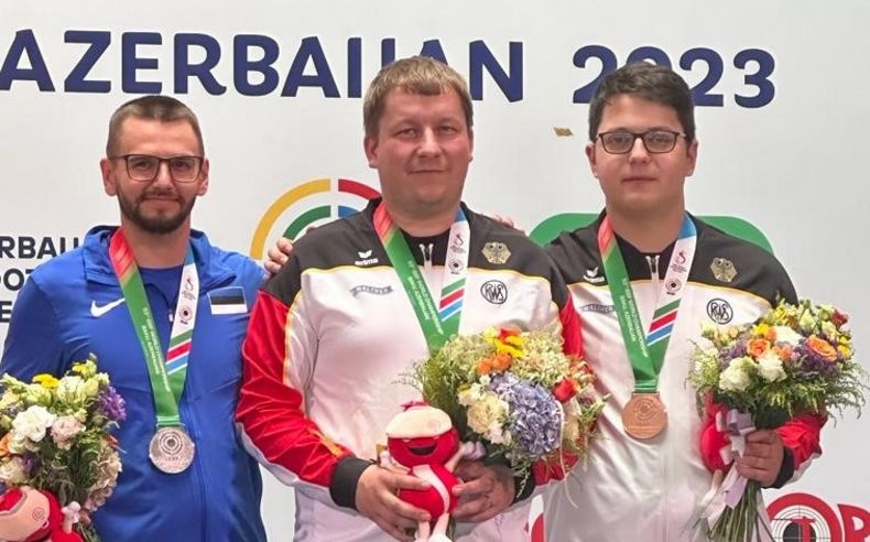 Foto: DSB / Gold für Christian Reitz, Bronze für Florian Peter und Silber für den Esten Peeter Olesk mit der Zentralfeuerpistole. Foto: DSB / Gold für Christian Reitz, Bronze für Florian Peter und Silber für den Esten Peeter Olesk mit der Zentralfeuerpistole.