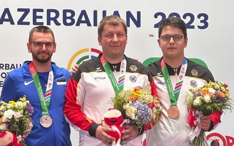 Foto: DSB / Gold für Christian Reitz, Bronze für Florian Peter und Silber für den Esten Peeter Olesk mit der Zentralfeuerpistole.