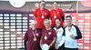 Foto: Eckhard Frerichs / Die ersten drei Titelträger bei Die Finals: Unten v.l.: Alberg Galliard, Jutta Eckart (Recurve Senioren), Annette Cremer, Peter Hütten (Recurve Master). Oben: Timo Heydasch, Jennifer Lieb (Blankbogen).  