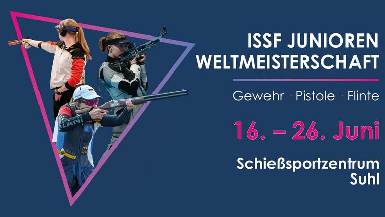 Das WM-Plakat zeigt mit Flinte, Gewehr und Pistole die drei Waffengattungen, mit denen in Suhl um insgesamt 41 Titel geschossen wird.